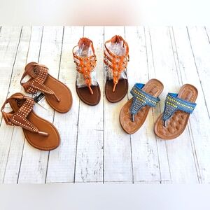 LOT of 3 Pairs Sandals Like New & New Tan Studded Orange Blue Denim Shoes 6/7